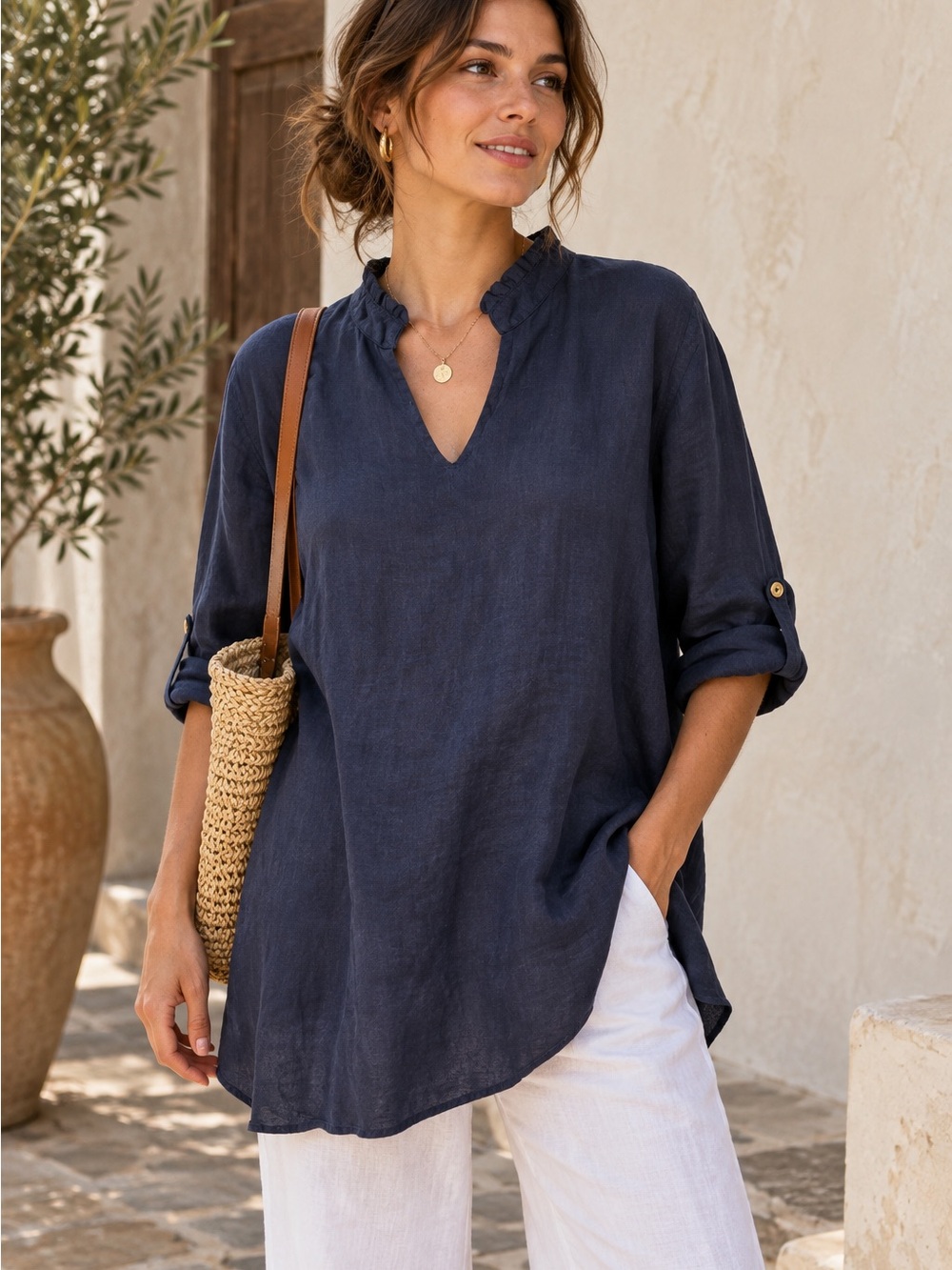 Rosemarine 100% Linen Made in Italy TunicTop Ruffle Neck Lagenlook Coastal M